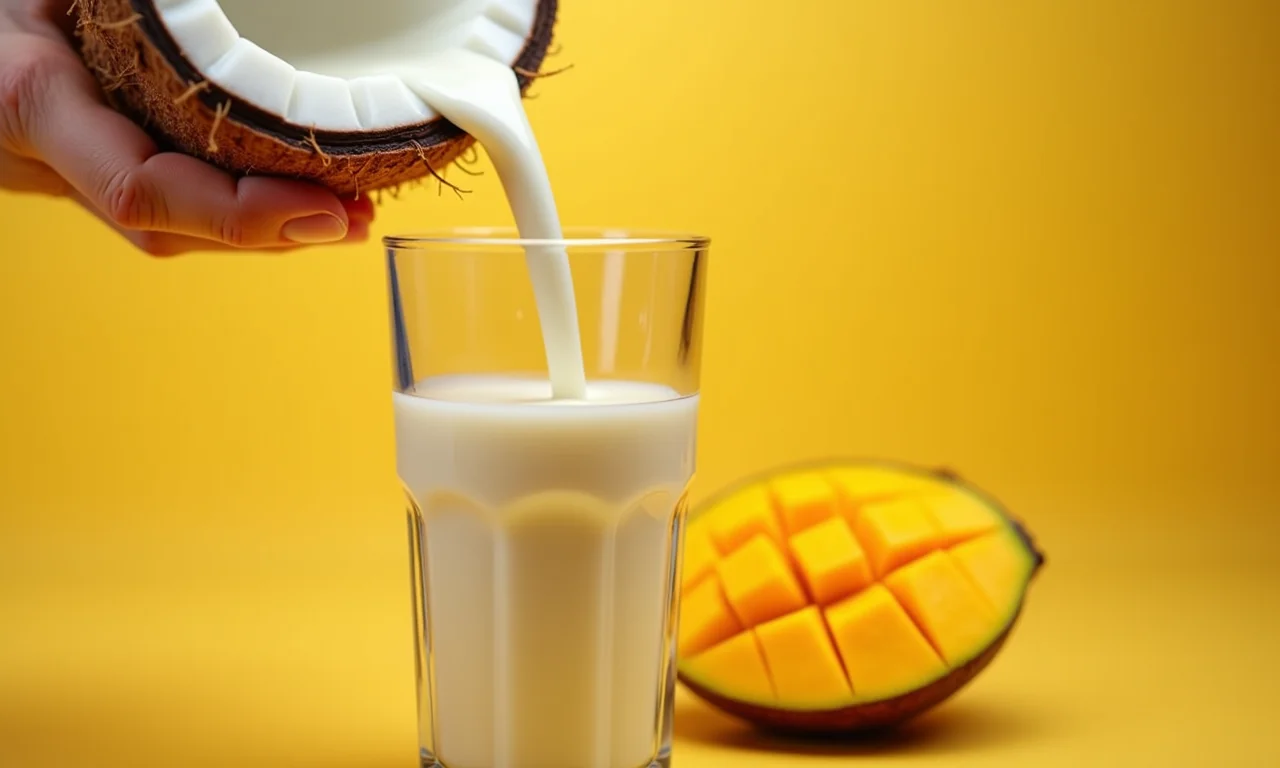 Leite de coco sendo adicionado ao suco de manga.