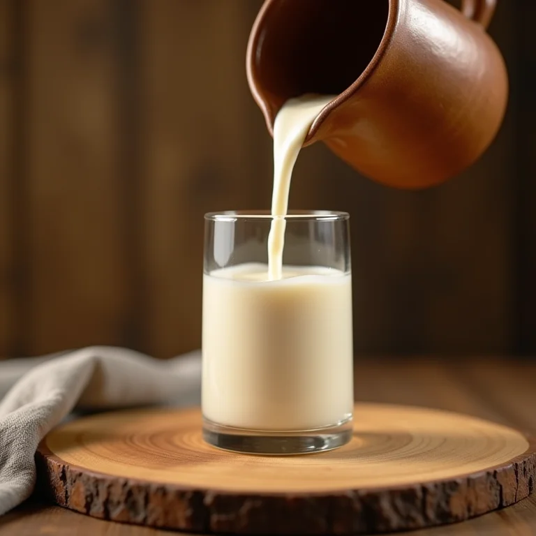Leite integral sendo despejado em uma jarra de cerâmica rústica.