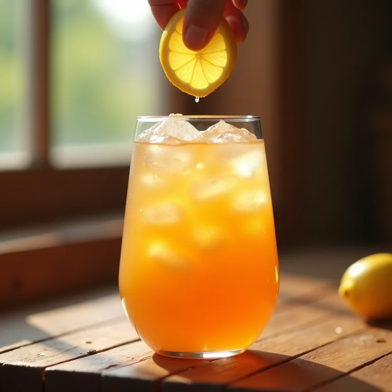 Limão sendo espremido no chá gelado