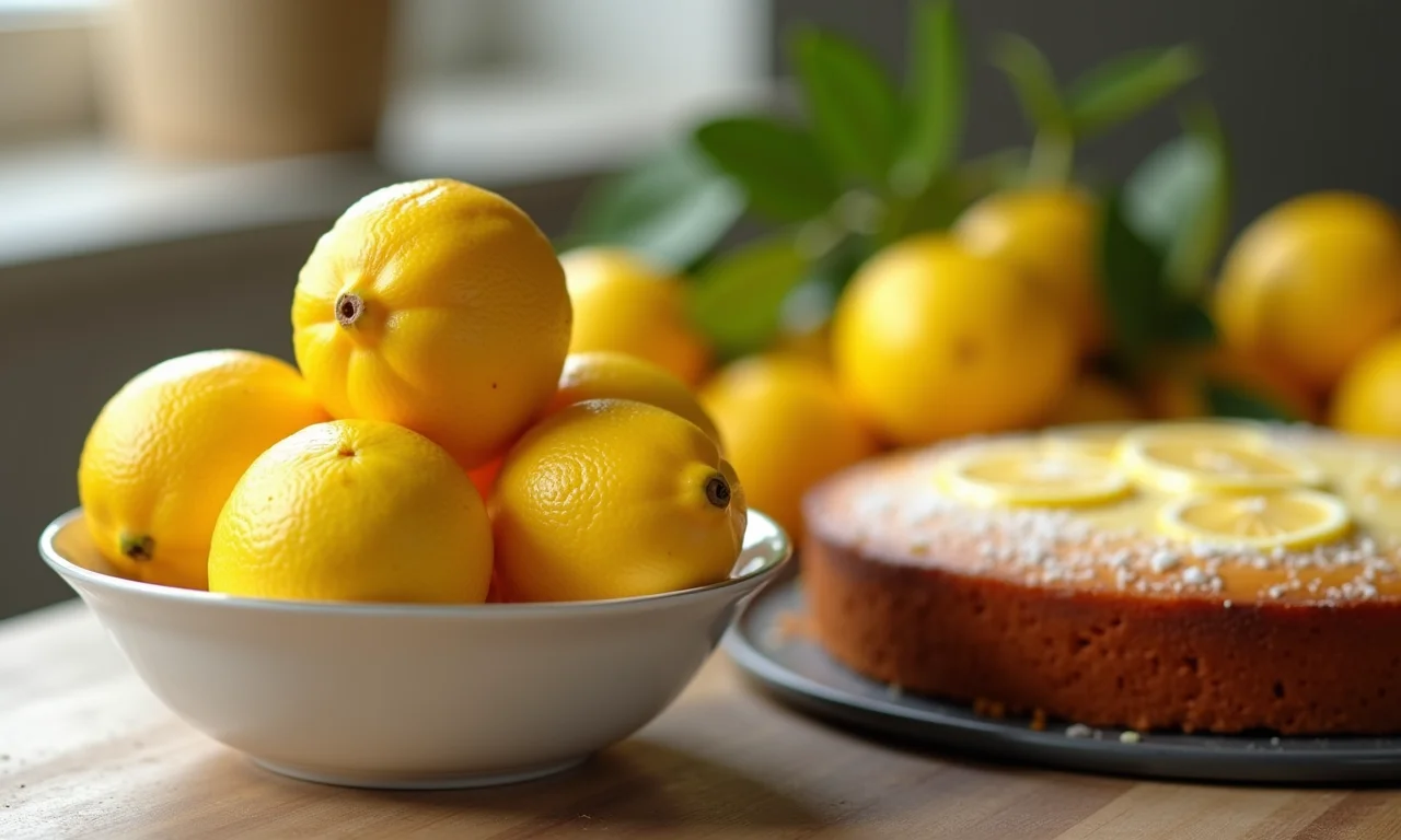 Limões frescos ao lado de um bolo de limão.