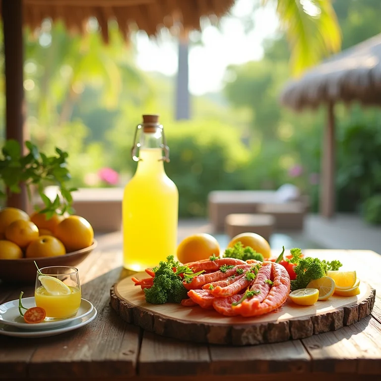 Limoncello servido com frutos do mar, saladas frescas e sobremesas leves.