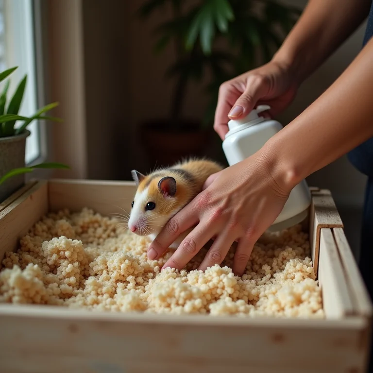 Limpeza da gaiola do hamster, removendo a sujeira e higienizando o espaço.