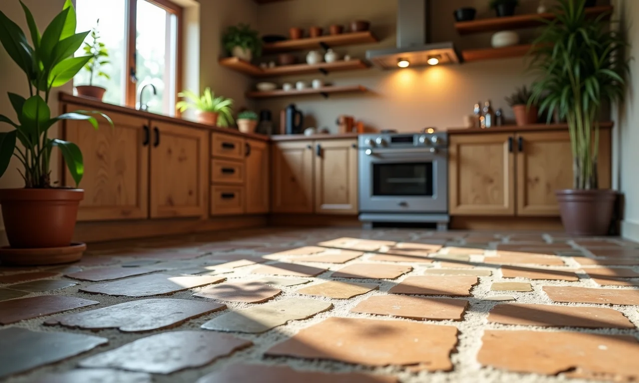 Limpeza de piso de pedra rústica na cozinha com produtos naturais.