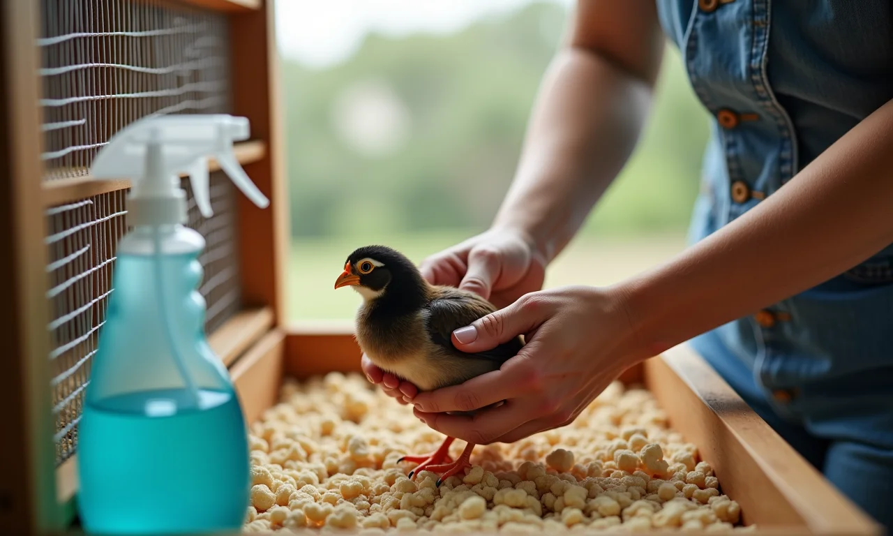 Limpeza e higiene de uma gaiola para codornas para evitar doenças.