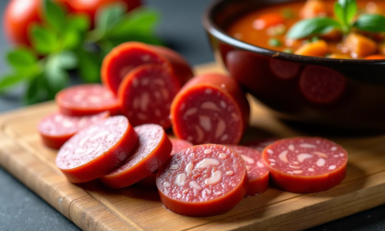 Linguiça calabresa fatiada ao lado de um bowl de caldinho de feijão.