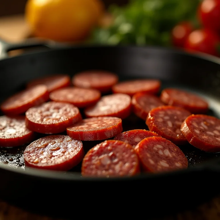Linguiça caseira fatiada fritando em panela de ferro.
