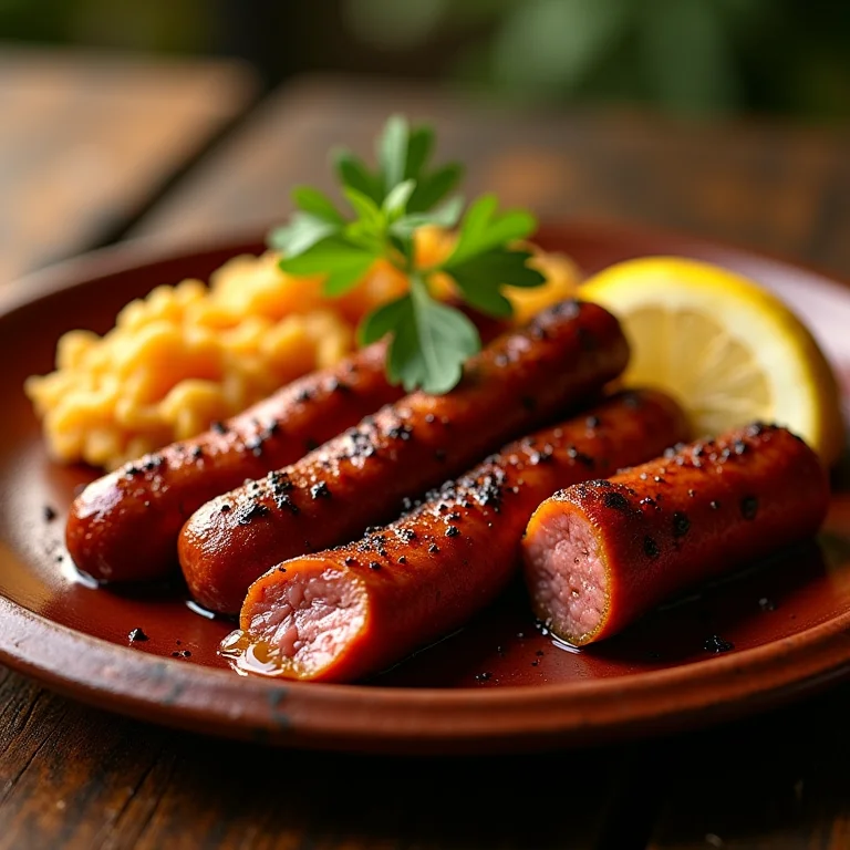 Linguiça toscana acebolada com mandioca frita