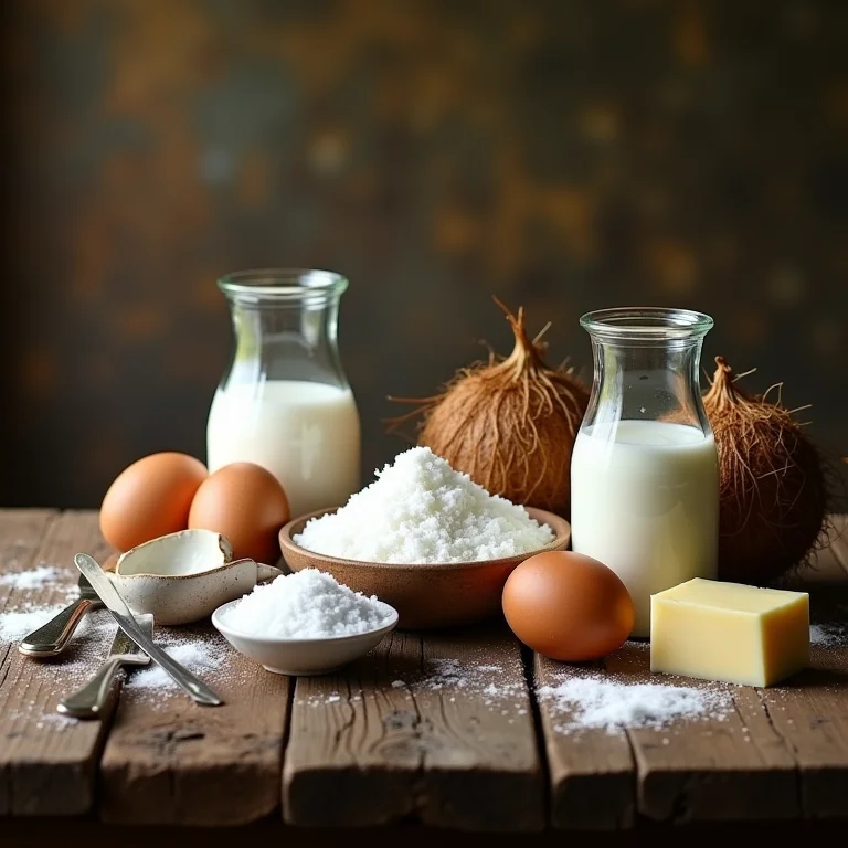 Lista de ingredientes para a receita de torta de coco cremosa.