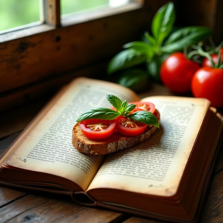 Livro de receitas aberto na página de bruschetta, em mesa rústica