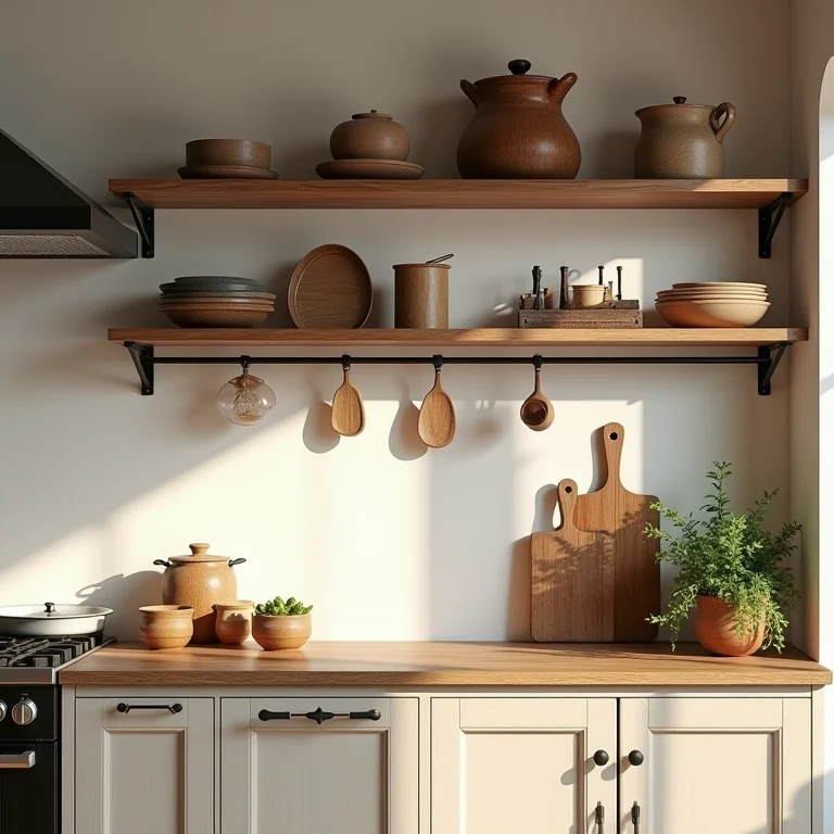 Louças e utensílios à mostra em prateleiras de madeira rústica.