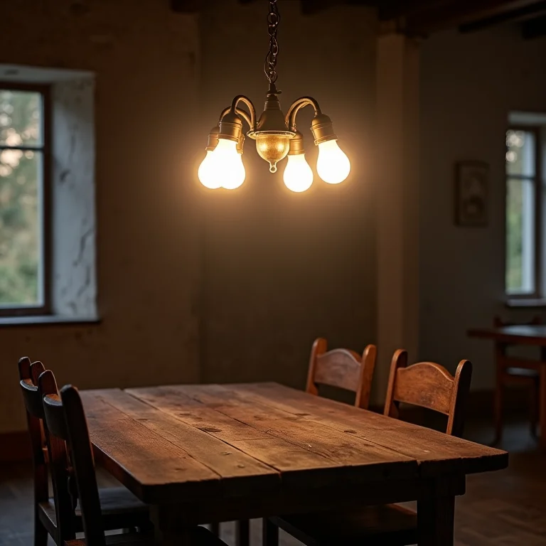 Lustre rústico com lâmpadas inadequadas.