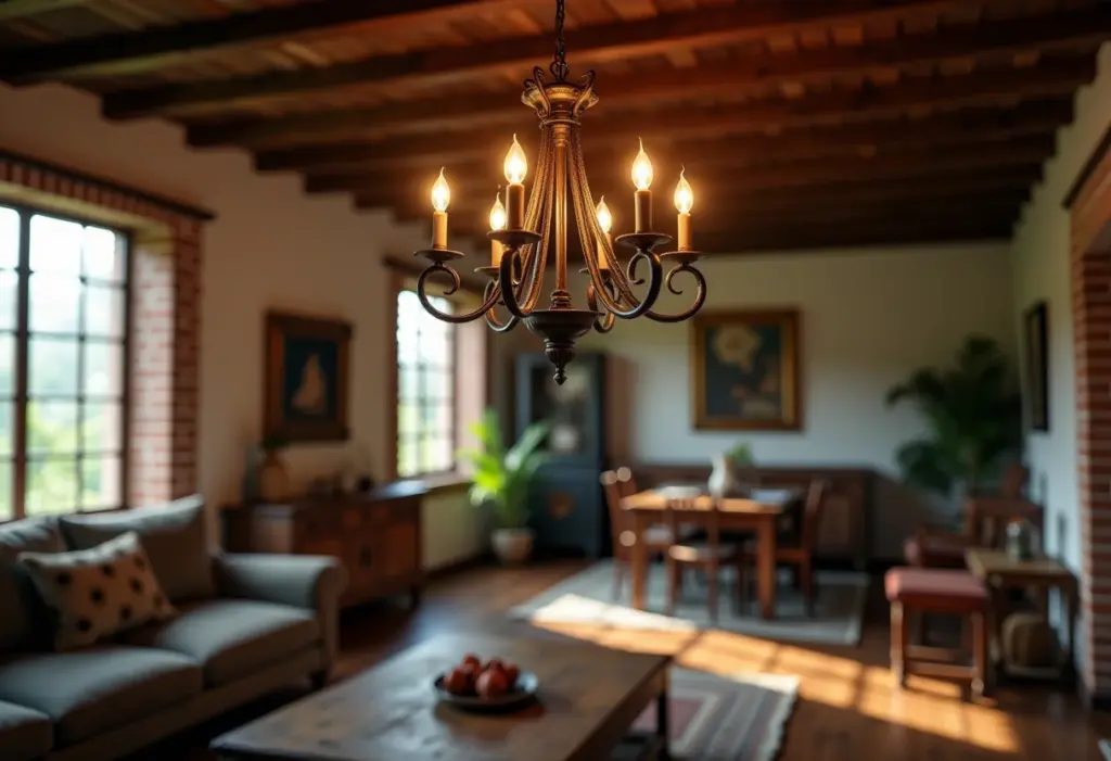 Lustre rústico de ferro em sala de estar com decoração colonial mineira.