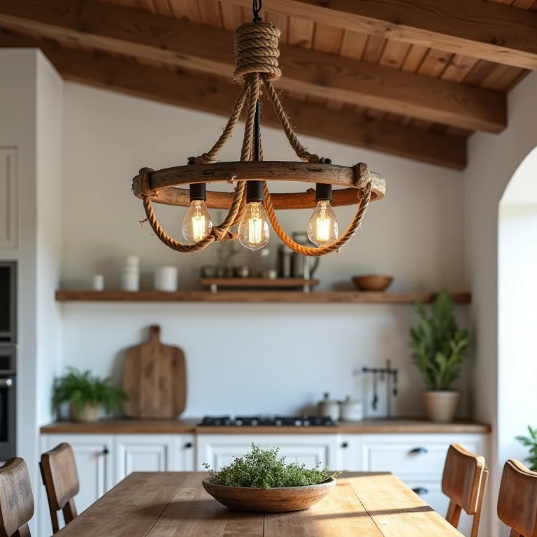 Lustre rústico de madeira e corda em cozinha de fazenda