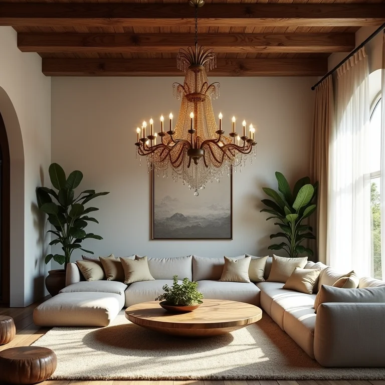 Lustre rústico desproporcional em sala pequena.