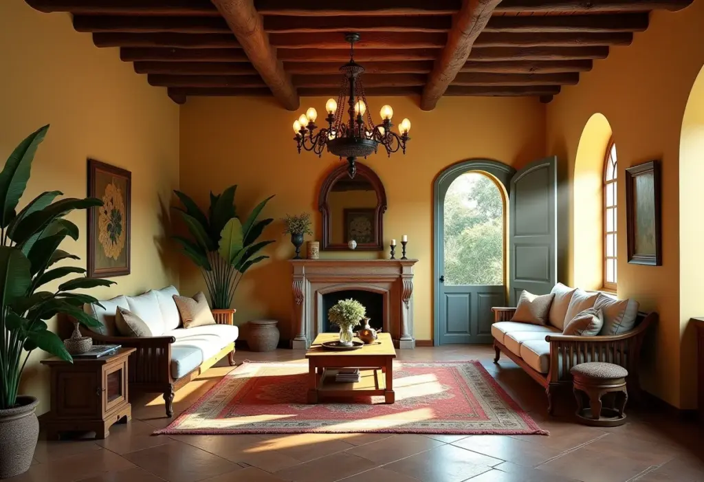 Lustre rústico em sala de estar colonial mineira