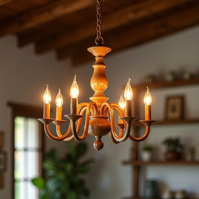 Lustre rústico feito de material inadequado (plástico imitando madeira).