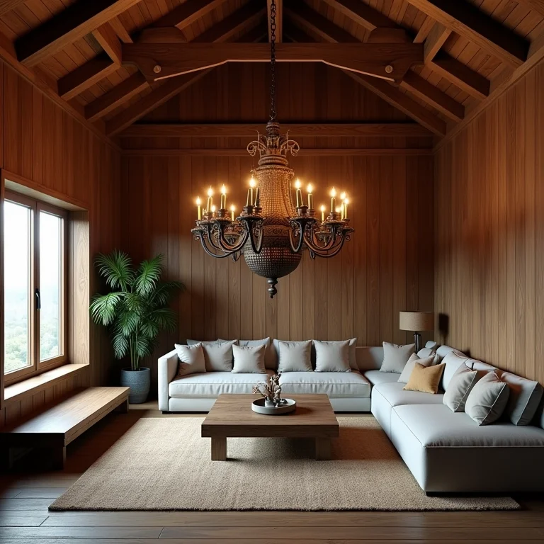 Lustre rústico pendurado muito baixo em um cômodo com pé direito baixo.