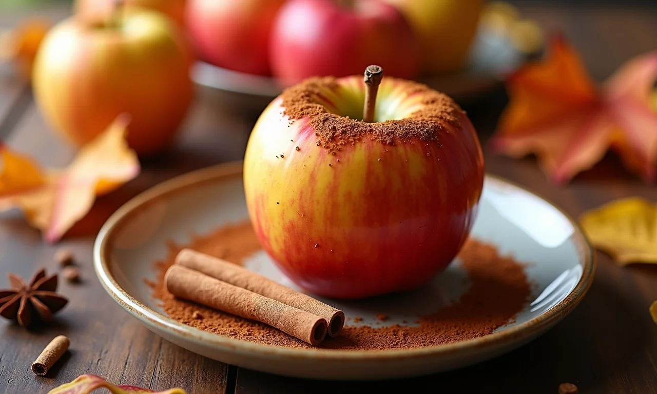 Maçã assada com canela em um prato, decorada com especiarias e folhas de outono.