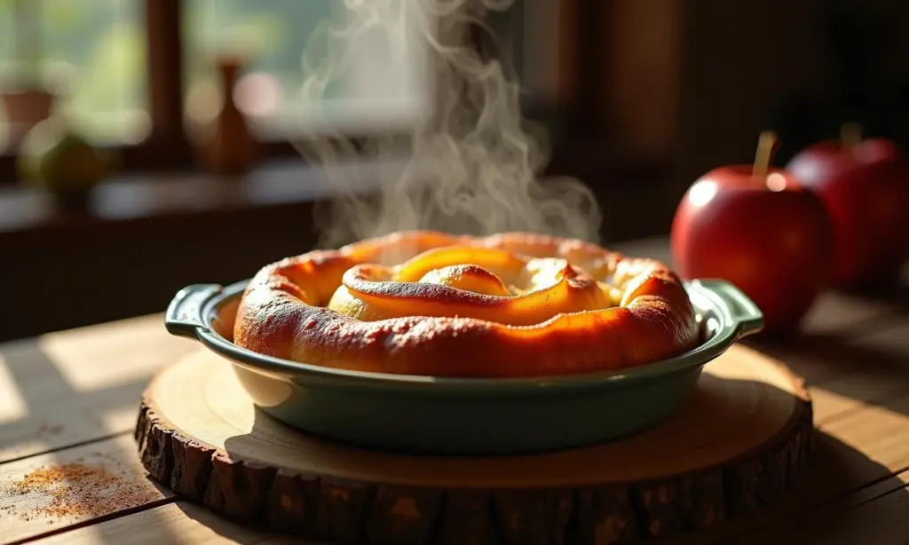 Maçã assada com canela fumegante em mesa de madeira rústica.