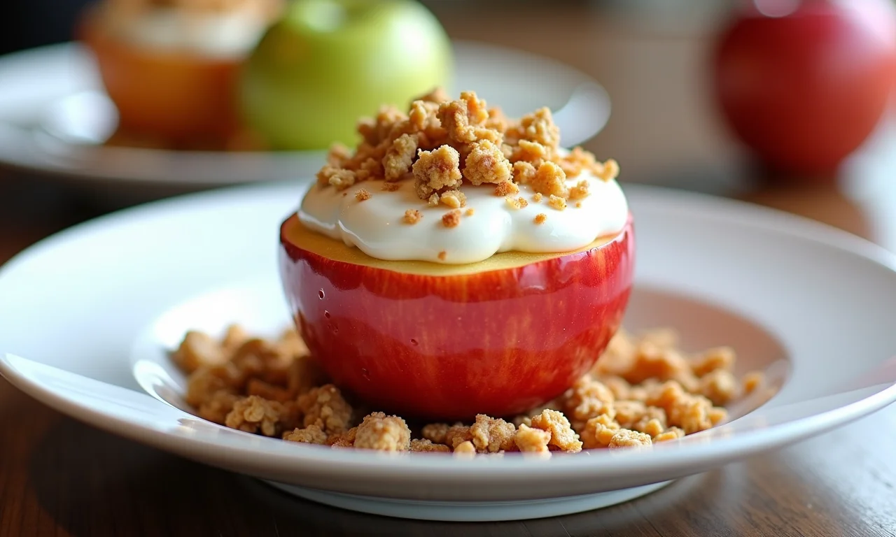 Maçã assada com granola e iogurte em prato criativo.