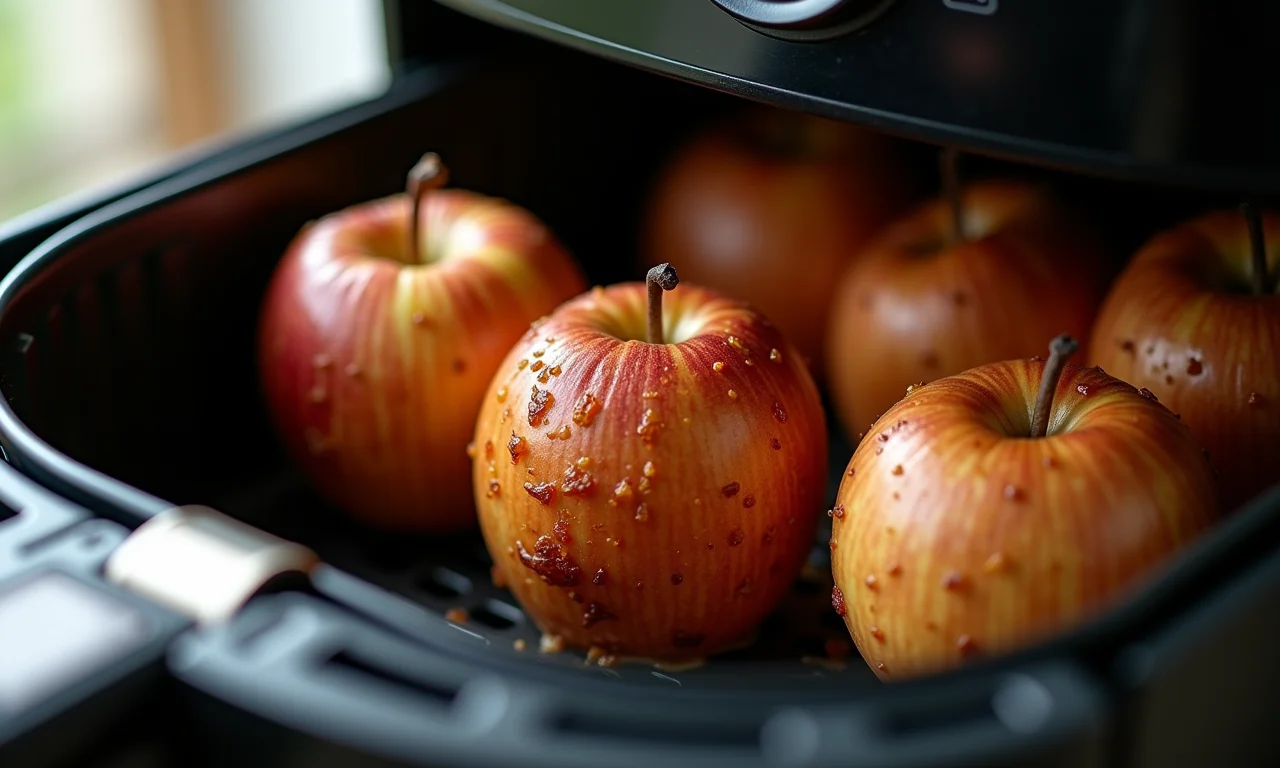 Maçã assada na airfryer em close-up, mostrando a textura crocante.