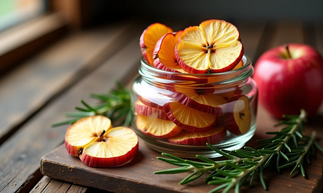 Maçã seca em pote para chá de maçã com alecrim.