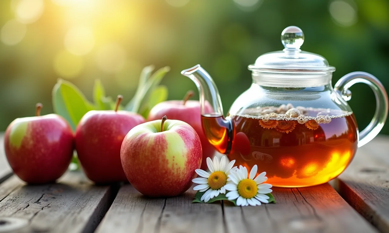 Maçãs orgânicas ao lado de bule de chá de camomila e maçã.