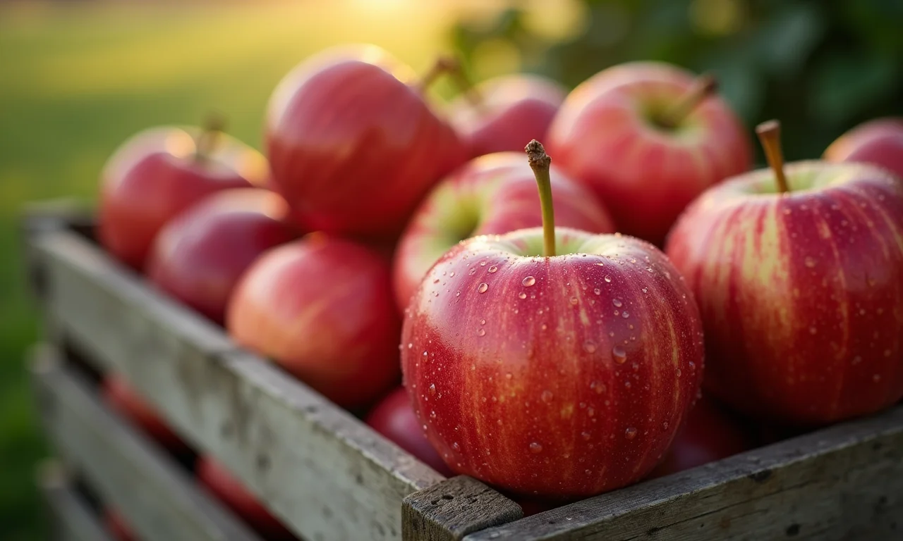 Maçãs orgânicas frescas em caixa de madeira rústica.