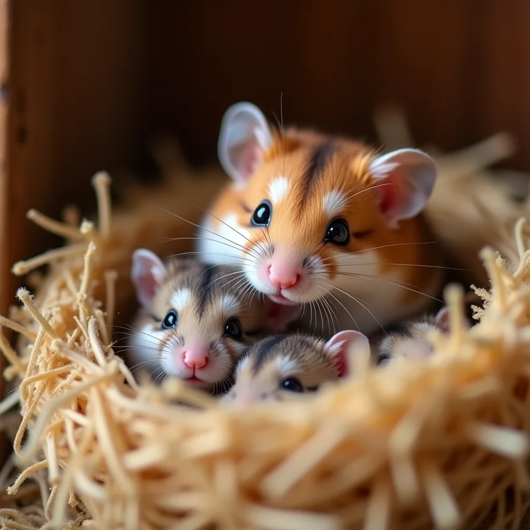 Mãe hamster com seus filhotes em um ambiente limpo e organizado.