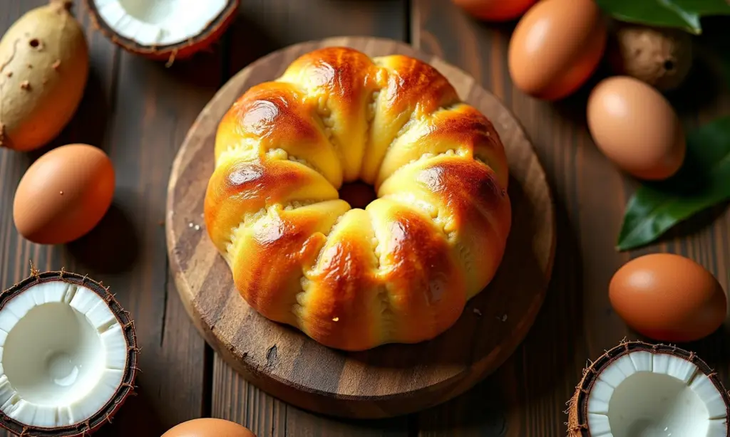 Mané Pelado: Bolo de mandioca cremoso com coco recém-assado.