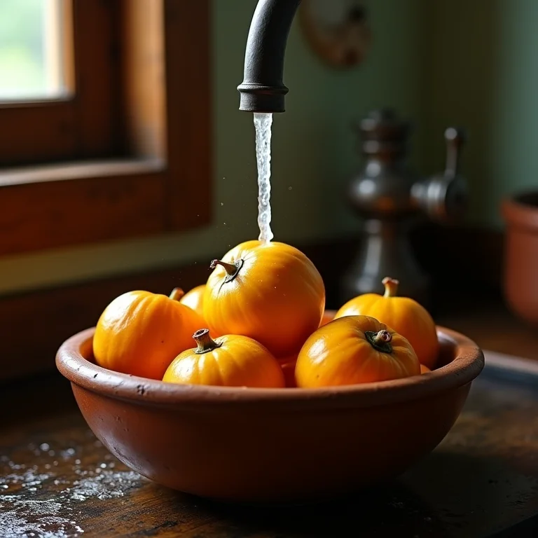 Mangabas sendo lavadas em um pote de barro.