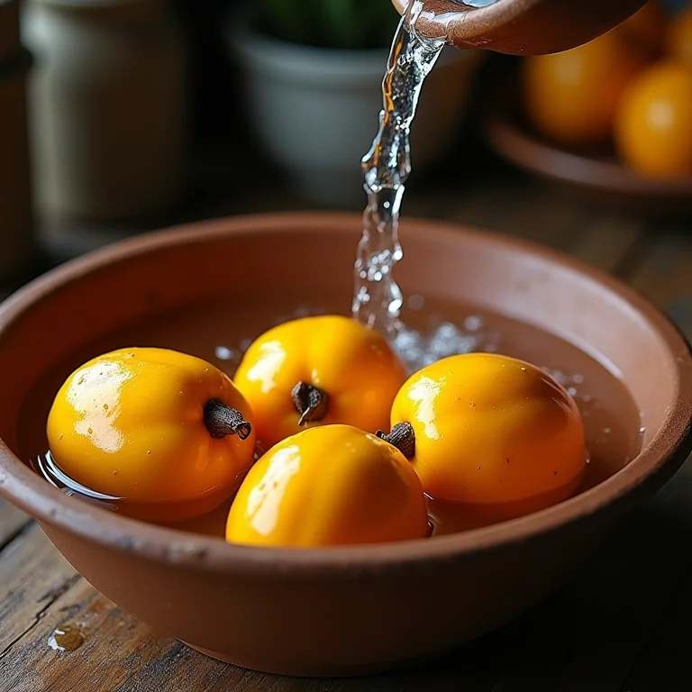 Mangabas sendo lavadas em uma tigela de barro.