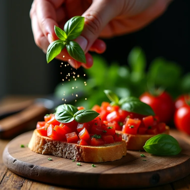 Manjericão fresco sendo adicionado à bruschetta