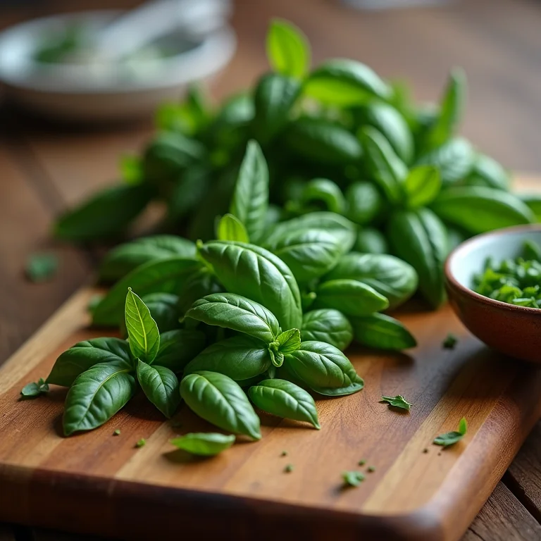 Manjericão fresco sendo picado para bruschetta