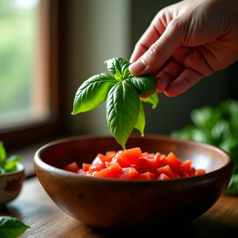 Manjericão fresco sendo rasgado para bruschetta.
