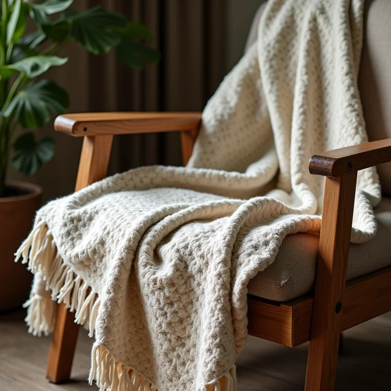 Manta de textura aconchegante sobre poltrona rústica.