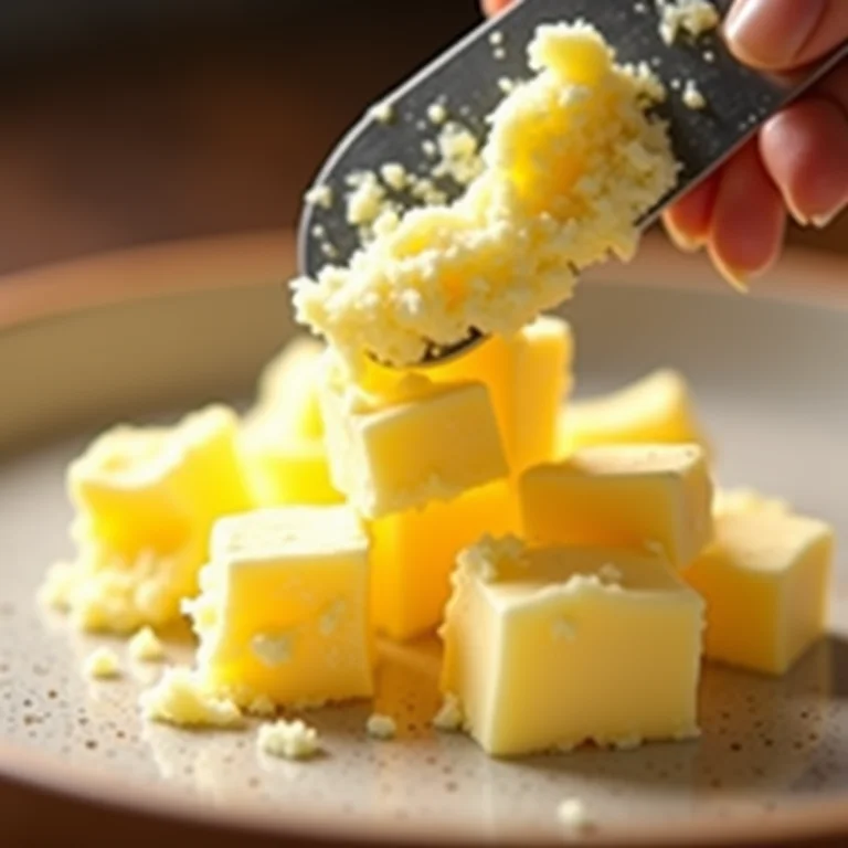 Manteiga gelada sendo ralada para a receita.