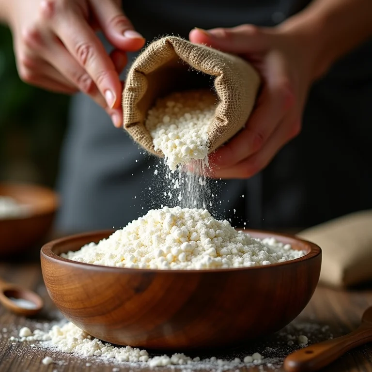 Mão adicionando farinha de milho de qualidade em tigela de madeira.