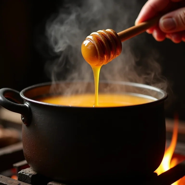 Mão adoçando vinho quente com mel