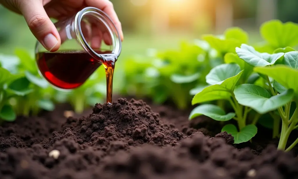Mão aplicando chorume de esterco diluído em horta orgânica.