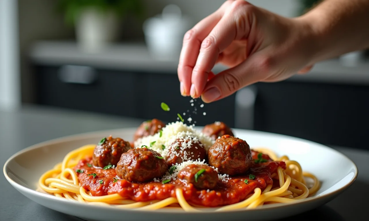 Mão de chef adicionando um ingrediente secreto ao espaguete com almôndegas em uma cozinha profissional.