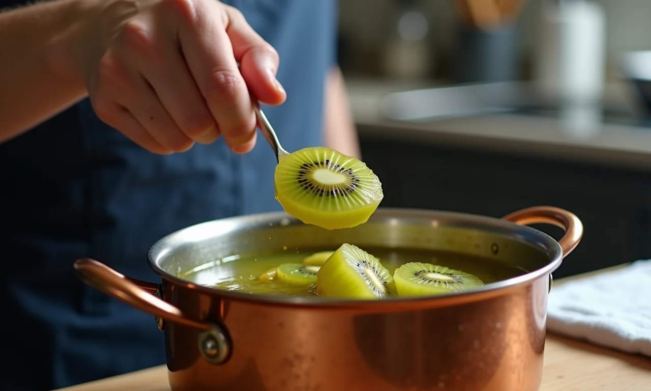 Mão de especialista mexendo geleia de kiwi em uma panela de cobre.