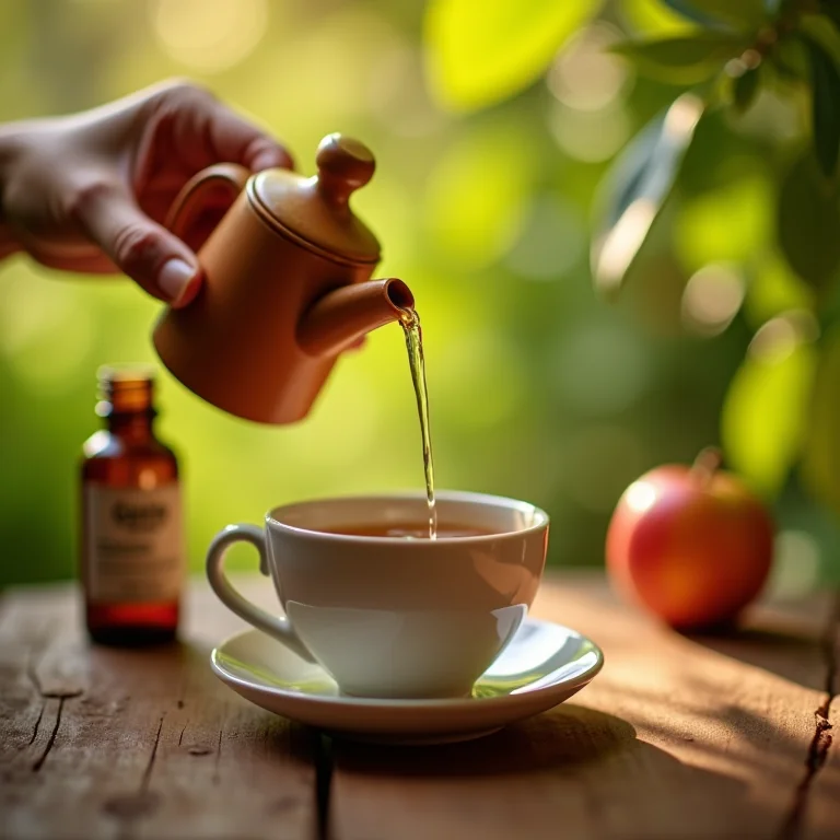 Mão despejando chá de guaco em xícara