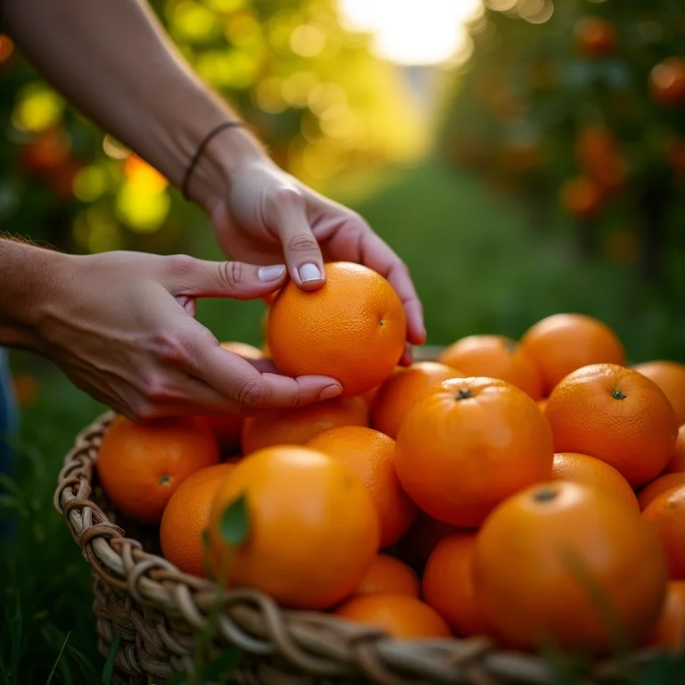 Mão escolhendo laranja madura em cesto