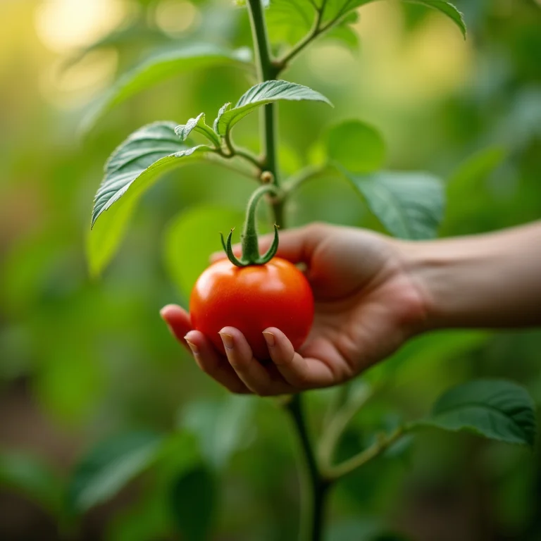 Mão examinando o crescimento de um tomateiro para determinar o momento ideal da poda.