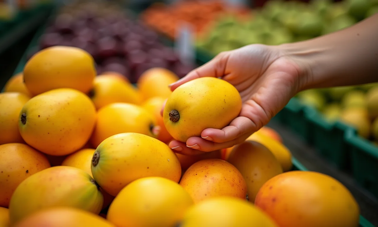 Mão feminina escolhendo mangas maduras em um mercado brasileiro.