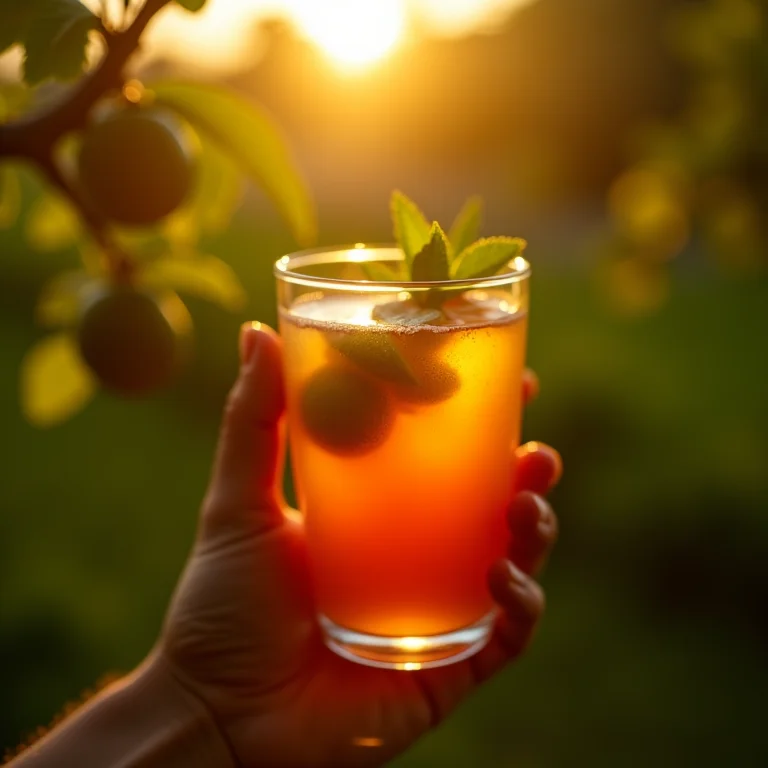 Mão segurando chá de goiaba com árvores de goiaba ao fundo.