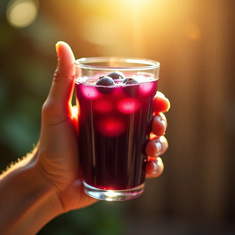 Mão segurando um copo de suco de mirtilo com luz solar.