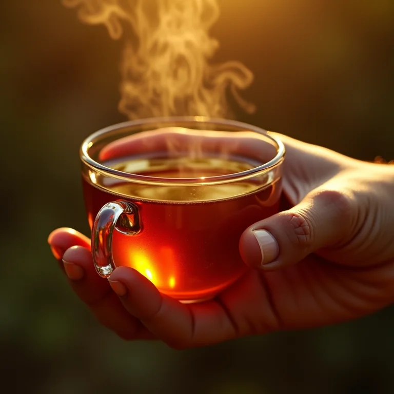 Mão segurando xícara de chá de cravo e canela, representando o fortalecimento do sistema imunológico.