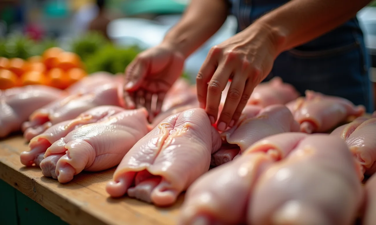 Mão selecionando pedaços de frango fresco em mercado mineiro.